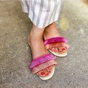 Birdies The Sparrow Women’s Sangria Slide Pink Orange Fringe Sandals